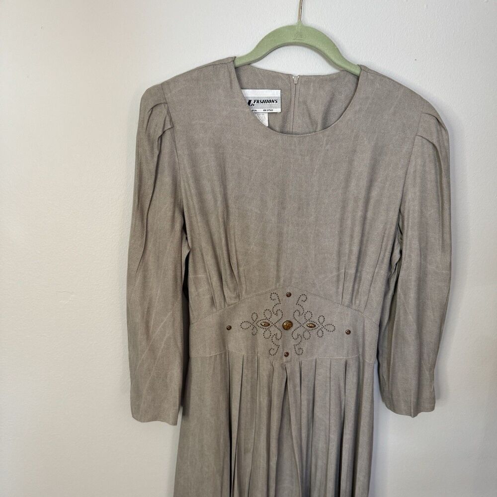 Vintage Pleated Dress Prairie Western Size 10 Taupe Tan S.L Fashions USA Made